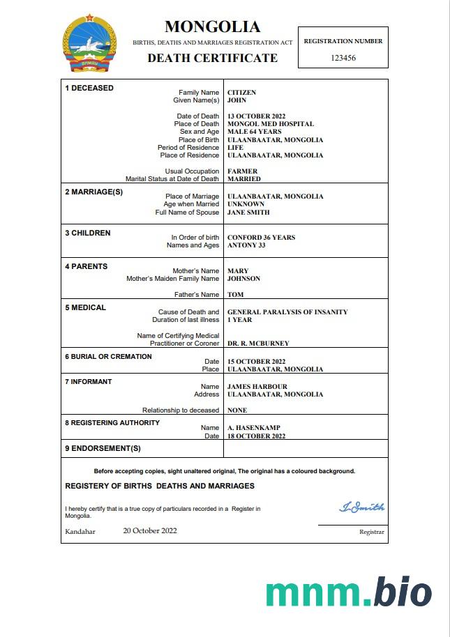 Mongolia rekord życiowy śmierć certyfikat Word i PDF szablon